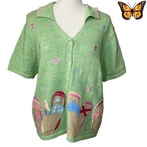Tabi International Vintage 90s Beach Theme Short Sleeve Button Cardigan Medium